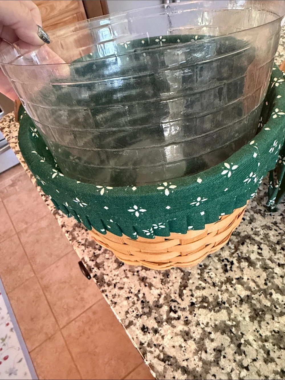 Longaberger Natural Basket Pair with Dark Green Floral Liners